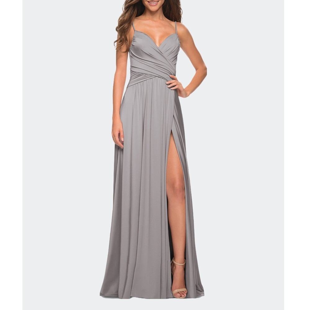 La Femme Silver Ruched Bodice Jersey Gown Size 8 Nwot